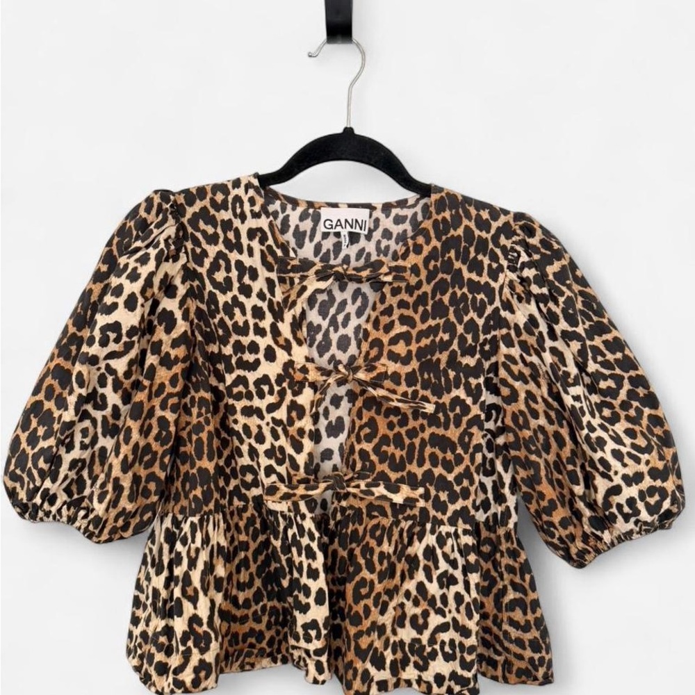 GANNI Leopard Poplin Peplum Top